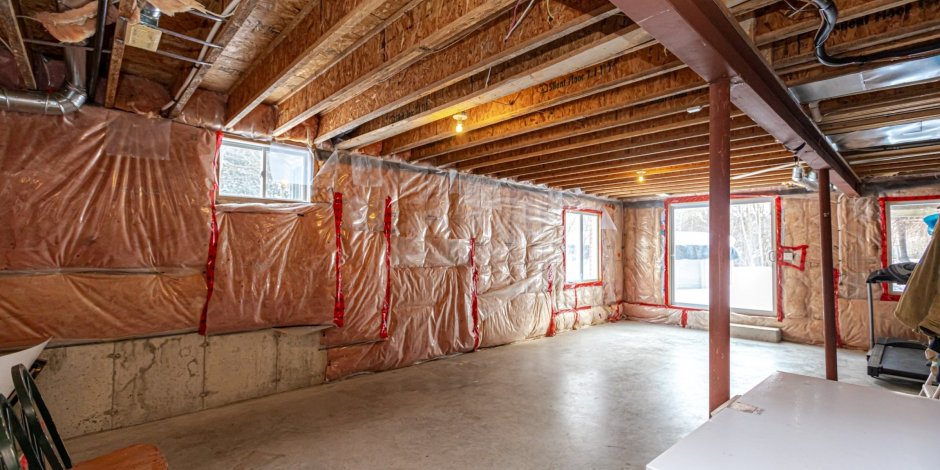 UNFINISHED BASEMENT WITH EXPOSED INSULATION